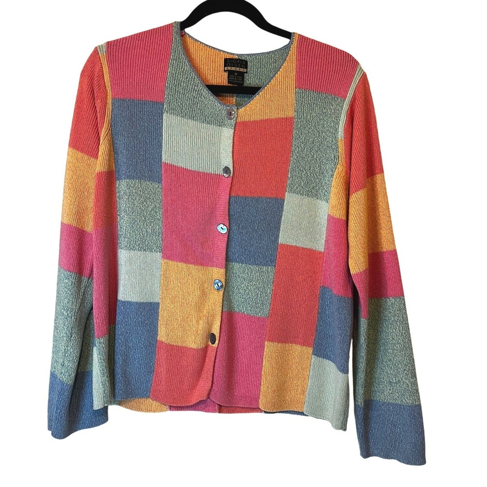 Sigrid Olsen Sport Pastel Patchwork Cardigan M Colorblock Spring Cottage Flower